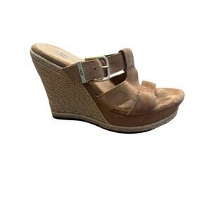 UGG Hedy Suede Espadrille Wedge Sandals Women’s Sz 7 Tan Brown Leather Platform